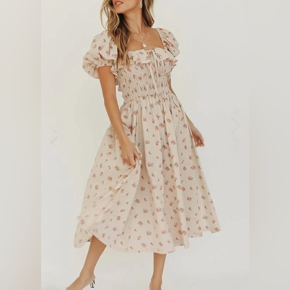 70F/20C Floral Print Puff Sleeves Vintage Cottagecore Ruffles Midi Dress Sz M - Picture 12 of 14